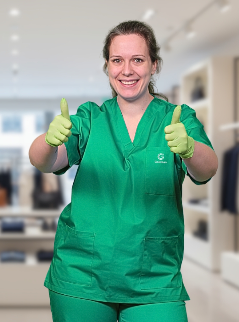 Eine Mitarbeiterin der GoClean Einzelhandelsreinigung München mit 2 Daumen hoch